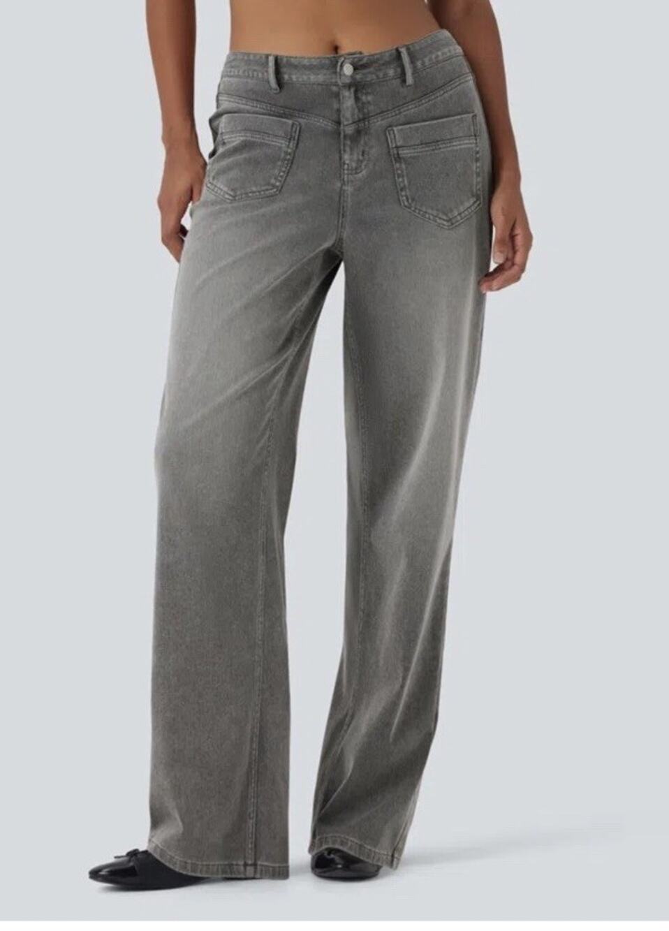New Halara Flex Mid Rise Straight Leg Casual Jeans Pockets Gray Sz M Soft Denim